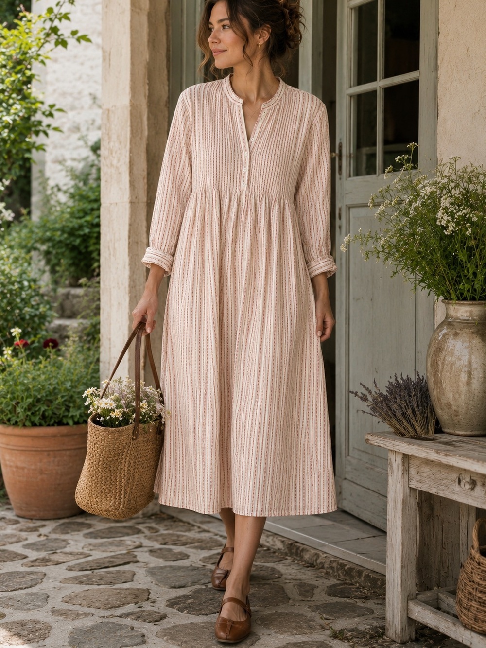 LL Bean Prairie Cottagecore Boho Maxi Dress Cream Red Stripe Petite Small